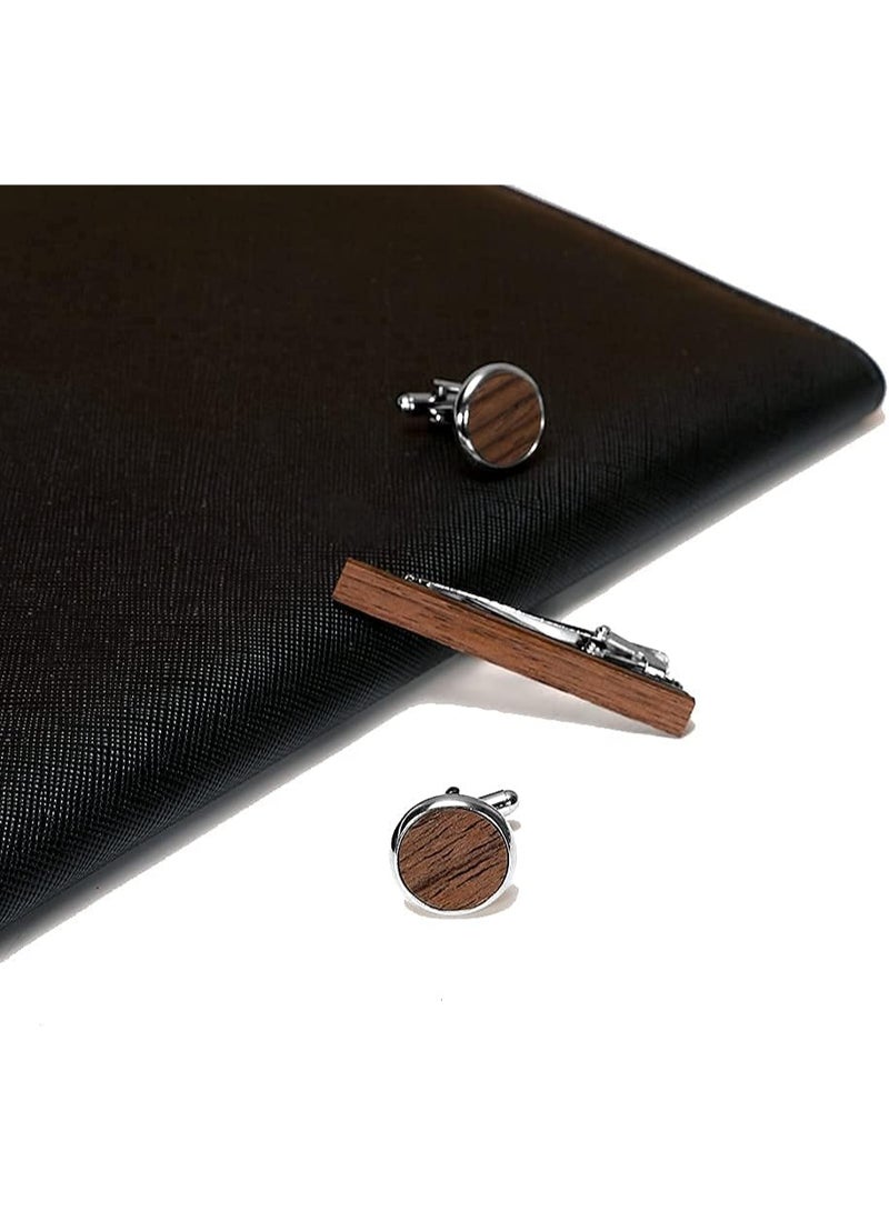 YelaJoy Tie Clip and Cufflink Sets 2 inch for Men Tie Clips Sets for Men Wood Inlay Ties Clip & Round Cufflinks with Gift Box Ties Clips Set for Formal Business Wedding - Image 3